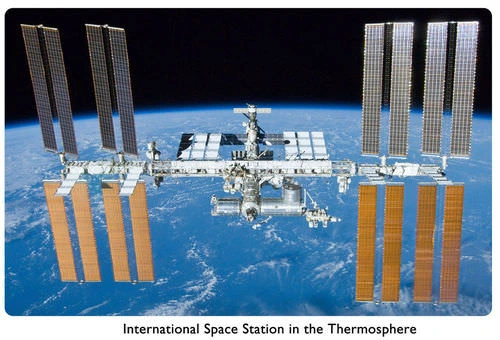 Stasiun Luar Angkasa Internasional mengorbit di atas bumi yang biru, dengan deretan panel suryanya terbentang di kedua sisi.