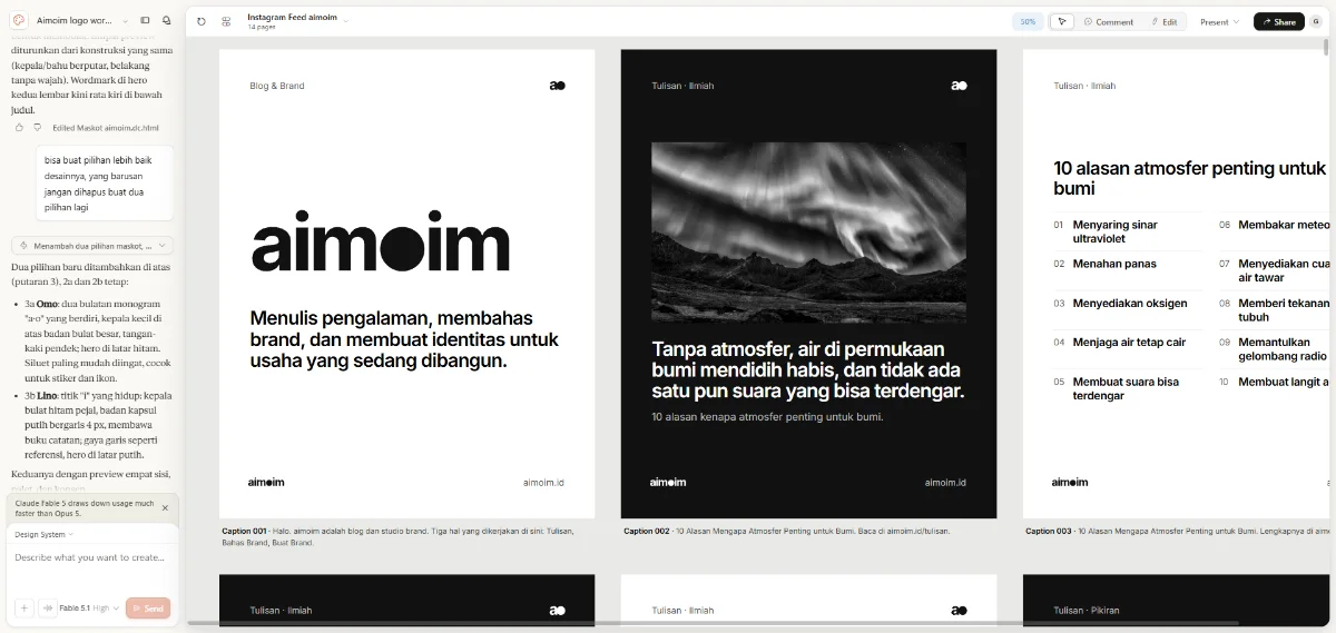 Kanvas Claude Design menampilkan empat belas halaman rancangan feed Instagram aimoim berdampingan, hitam putih, lengkap dengan wordmark dan keterangan tiap unggahan.